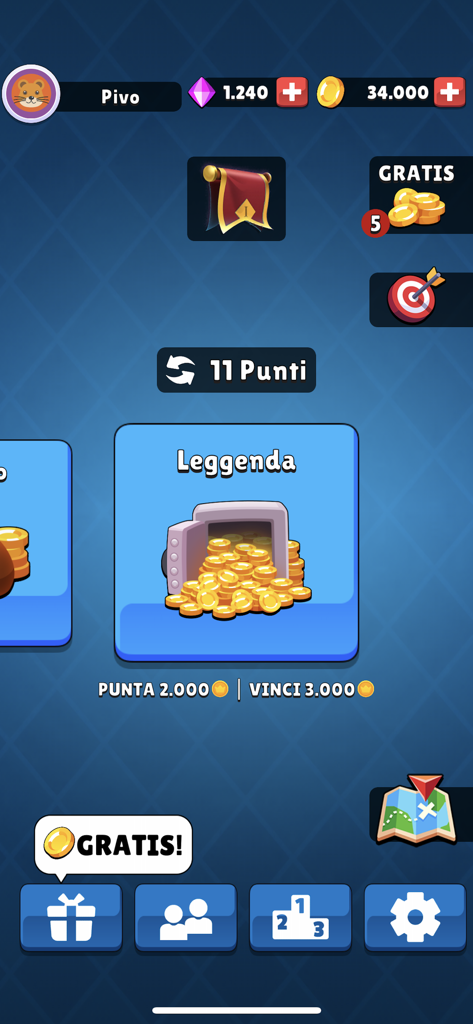 Menu principale di Scopa Classica con la selezione della modalità di gioco Leggenda e la valuta del giocatore