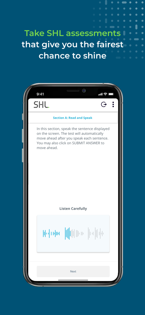 SHL Job Assessments - SHL職務アセスメントモバイルアプリのインターフェース、雇用可能性テストの読み上げセクションを表示