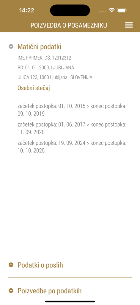 Moj SISBON - Screen from the Moj SISBON app displaying personal identification and financial history records