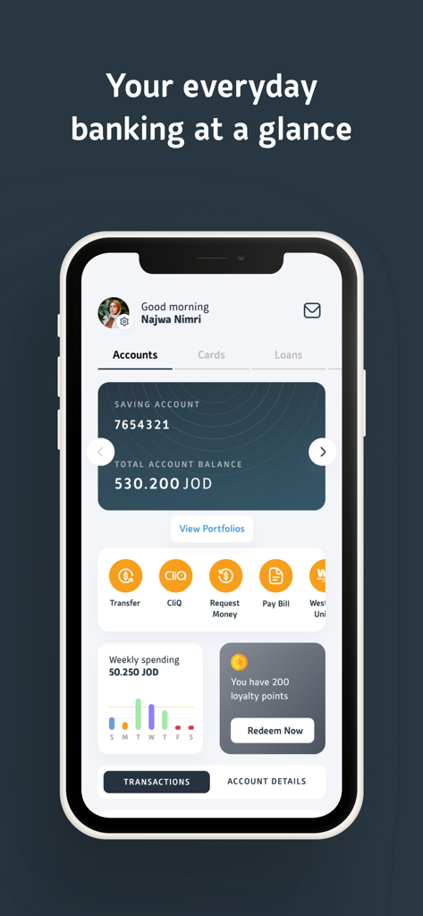 Capital Bank Mobile – Jordan - Panel de la aplicación Capital Bank Mobile Jordan que muestra el saldo de la cuenta, el gasto semanal y las opciones rápidas de transacciones