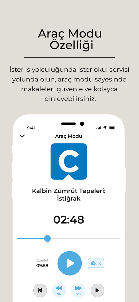 Caglayan Dergisi app car mode audio player interface for listening to Turkish articles while commuting