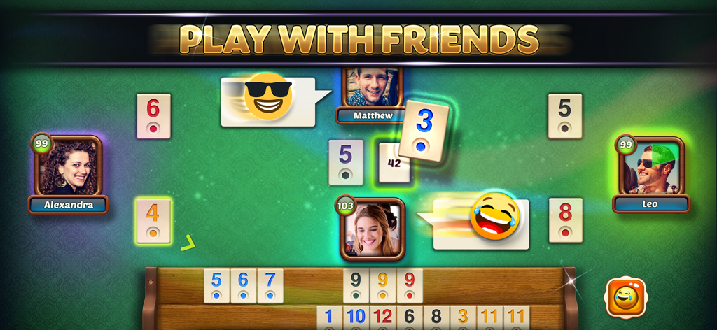 Okey board game gameplay interface showing tiles and player avatars with a Play with Friends banner