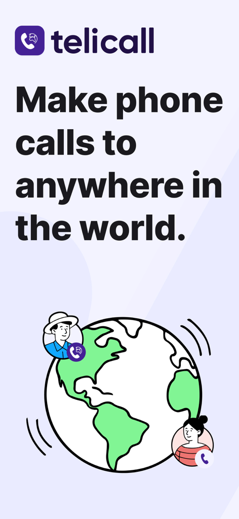 Telicall: Global Phone Calls - Telicall app screen featuring an illustration of people connecting globally with the text Make phone calls to anywhere in the world