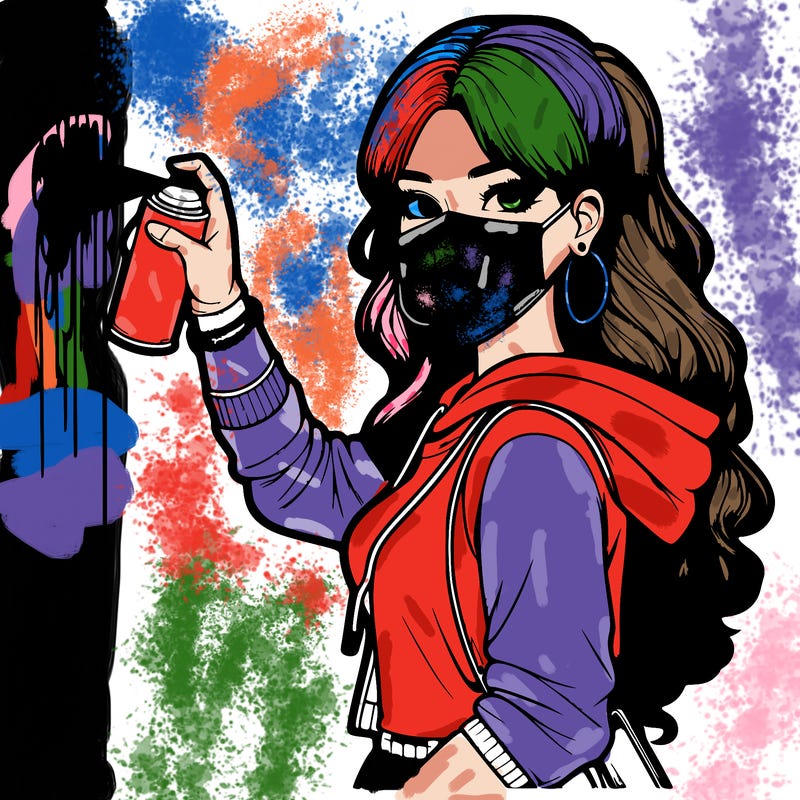 realistic girl with mask spray painting a wall