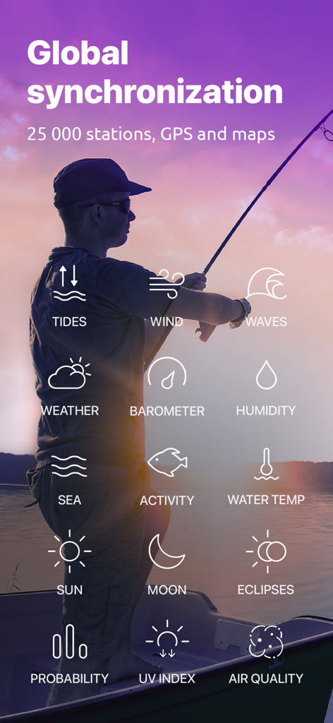 Nautide app screen showing marine data icons including tides wind waves and fish activity over a man fishing at sunset