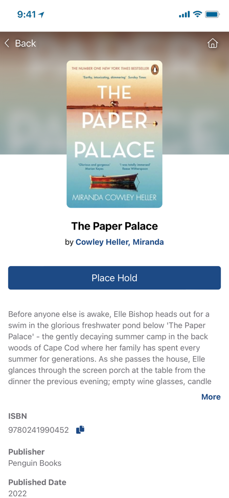 Clare County Library - Mobile app screen showing book details for The Paper Palace with options to place a hold and view ISBN