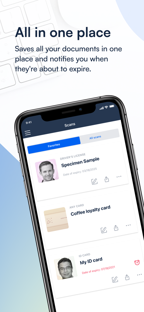 IDSafe app interface displaying scanned government IDs and loyalty cards