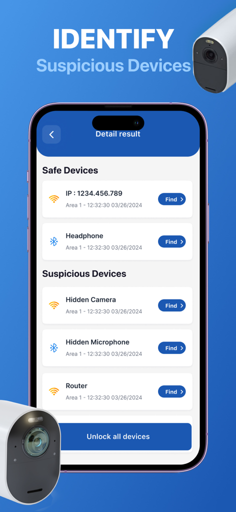 Camera Detector App - Interface of the Camera Detector App showing identified safe and suspicious electronic devices like hidden cameras and microphones