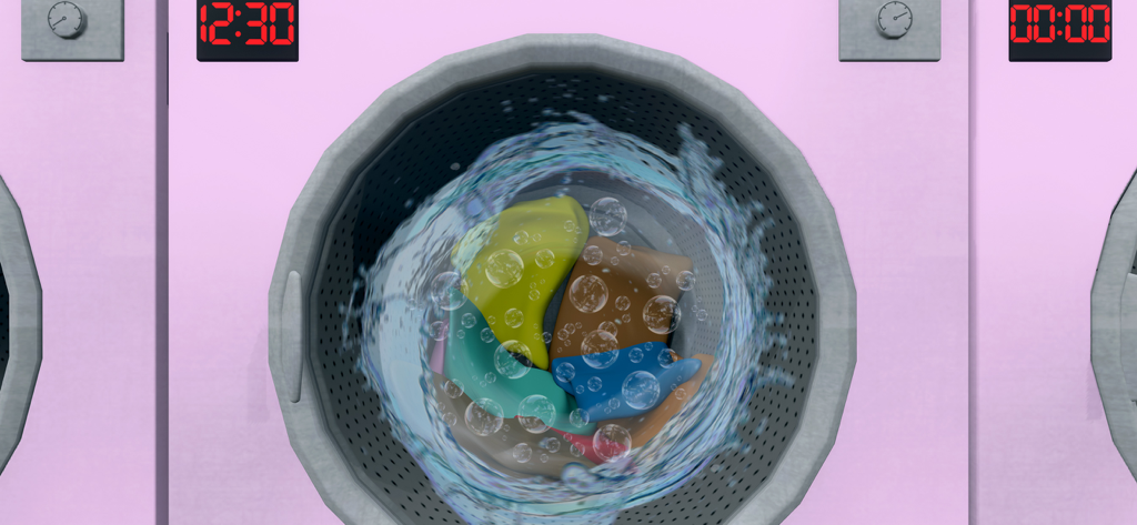 Laundry Games Pressure Washing - Lavadora rosa con ropa colorida y burbujas de agua en un simulador de limpieza.