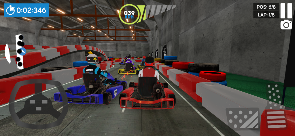 Real Go-Kart Racing Game Sim - Graphismes d'une simulation de course de kart sur une piste intérieure avec des concurrents et une interface de course