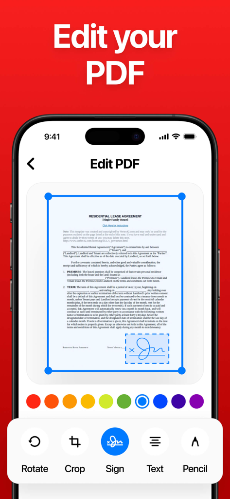 PDF Converter: File & Photo - Una interfaz de aplicación móvil que muestra un editor de PDF con opciones para firmar, recortar y añadir texto a un contrato de arrendamiento.