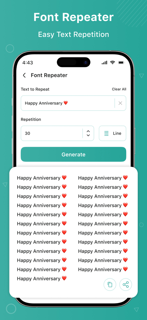 Écran mobile montrant la fonction Répéteur de polices dans l'application WAMR avec du texte répété pour la messagerie sociale