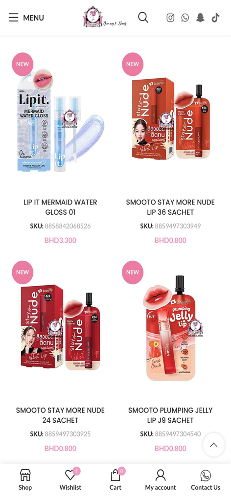 Thai House Cosmetic - Thai House Cosmetic app shop interface displaying various lip gloss and lipstick products from Thailand