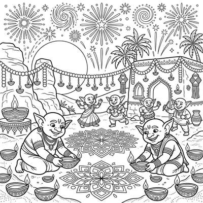 Embark on a unique coloring adventure with our Desert Goblins Diwali template! This vibrant scene captures the spirit of the festival of lights with cheerful goblins, intricate rangoli, and dazzling fireworks.