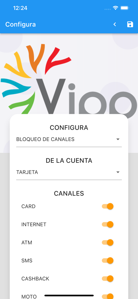 Vipp App - Interfaz de configuración de Vipp App para configurar la seguridad de la tarjeta y el acceso a canales