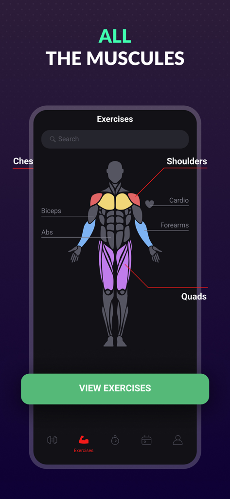 FitHack app interface showing an anatomical muscle map for selecting bodyweight exercises.