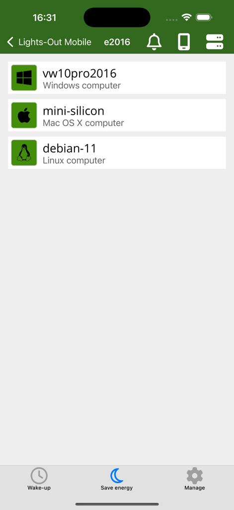 Interfaccia dell'app Lights Out Mobile che visualizza un elenco di computer Mac e Linux Windows gestiti