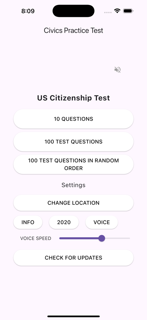 U.S. Citizenship Test Audio - Main menu of the US Citizenship Test Audio app featuring options for practice questions and voice settings.