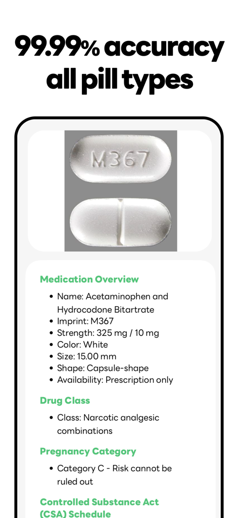 Pill Counter AI app interface showing 99.99 percent accuracy and detailed medication overview for a pill.