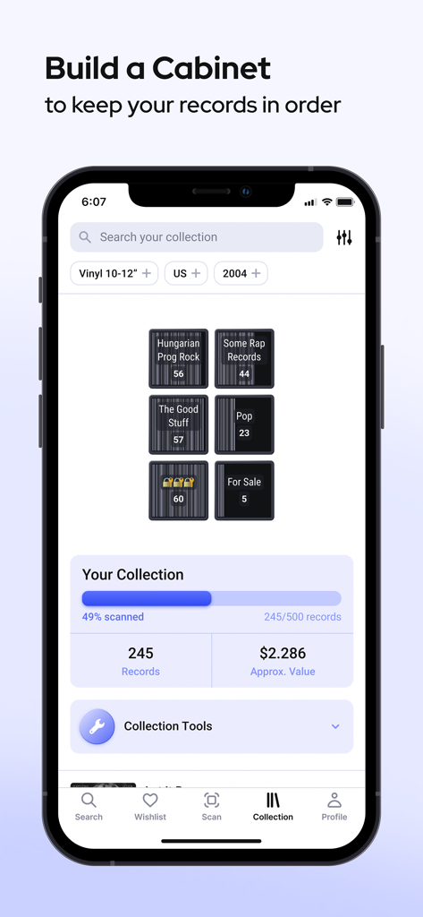 Record Scanner - Vinyl & CD - Interface of Record Scanner app displaying vinyl collection stats and virtual storage cabinets