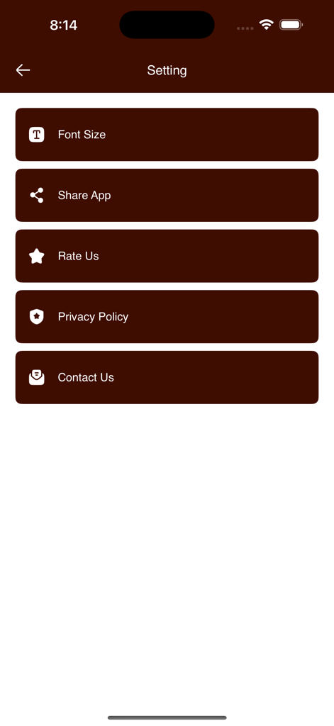 Settings menu of the Sundar Gutka Sahib Path app showing font size adjustment and app info options