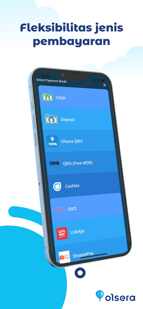 Olsera - Point Of Sale V2 - Mobile screen of Olsera POS app displaying various payment methods including cash and digital wallets