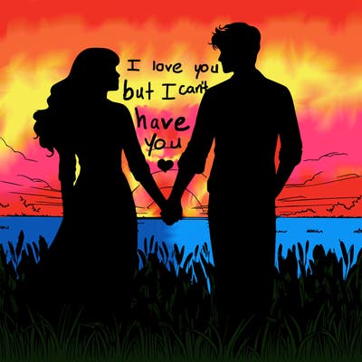 silhouette of man and woman holding hands in field realistic