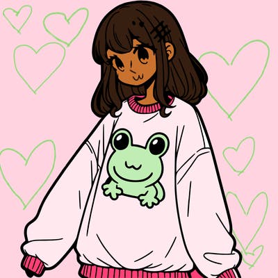 girl wearing frogging sweatshirt