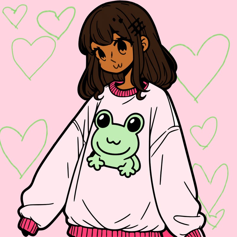 girl wearing frogging sweatshirt