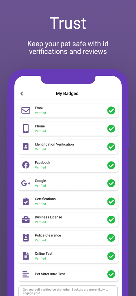 PetBacker: Dog Cat Pet Sitting - 信頼と安全のためのペットシッター検証バッジを表示するPetBackerアプリの画面