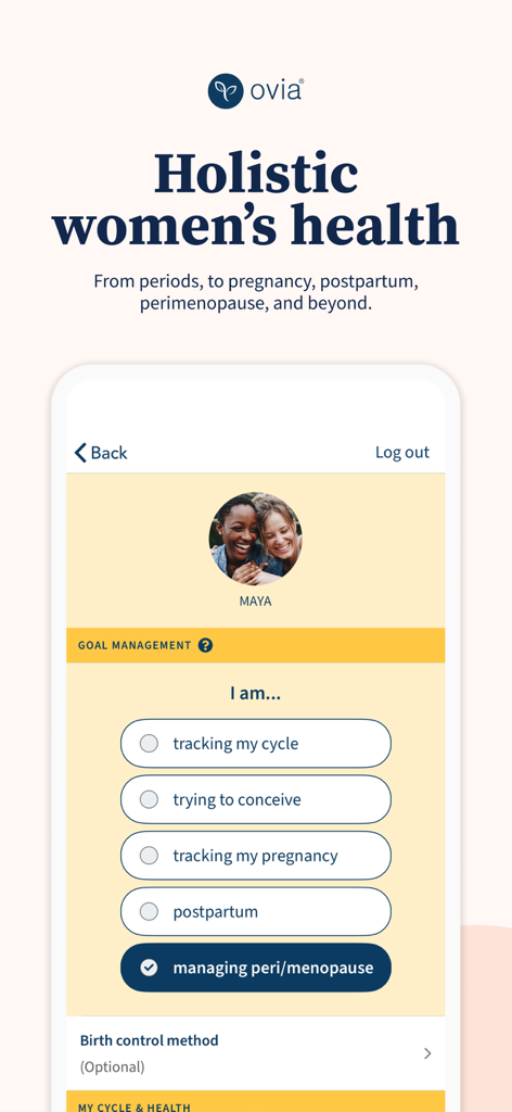 Ovia Cycle & Pregnancy Tracker - Interfaccia dell'app Ovia che mostra la gestione degli obiettivi per il monitoraggio di cicli, gravidanze e menopausa