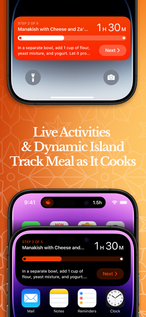 Food Recipes by Arabesk - Pantalla de iPhone mostrando la aplicación Arabesk rastreando una receta de cocina Manakish a través de Live Activities y Dynamic Island.