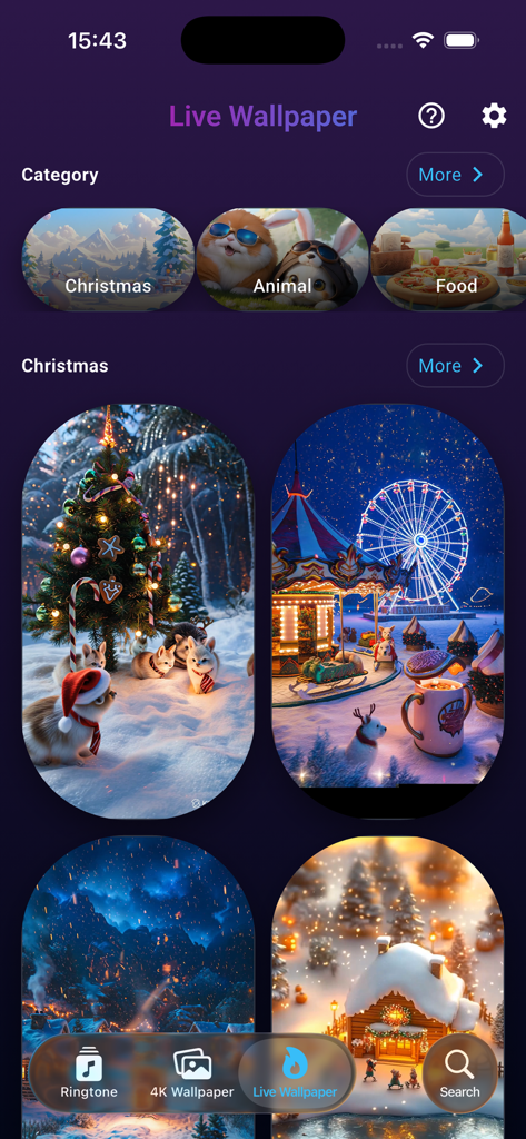 Sounds & Live Wallpapers - Interface do aplicativo Sons e Papéis de Parede Animados mostrando uma coleção selecionada de papéis de parede animados festivos de Natal.