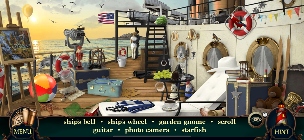 Une scène de puzzle détaillée d'objets cachés sur le pont d'un bateau de croisière au coucher du soleil avec divers objets à trouver