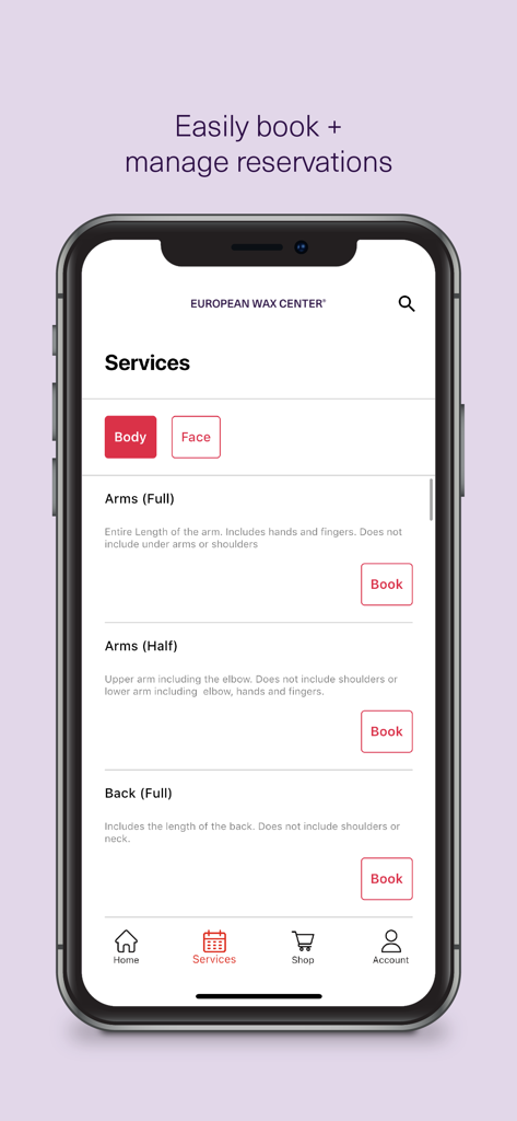 European Wax Center app interface showing a list of body waxing services with book buttons for easy reservations.