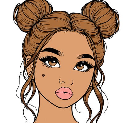 realistic girl with two buns on her hair and lips