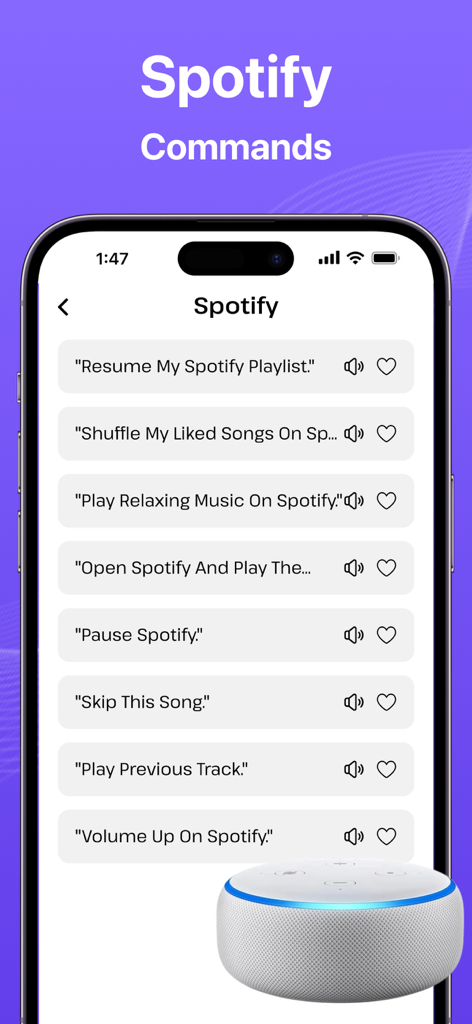 AI Voice Commands Assistant - Interface of the AI Voice Commands Assistant app displaying a list of voice commands for Spotify next to a smart speaker.