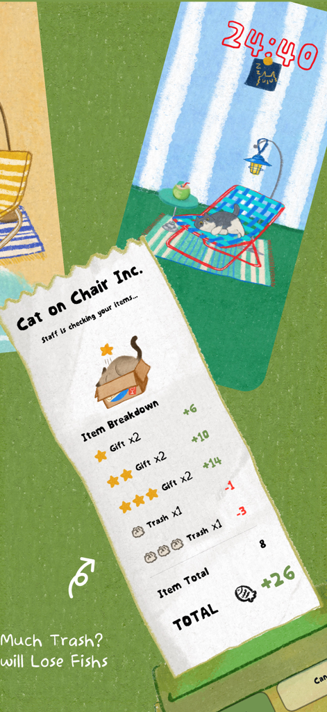 Cat On Chair: ADHD Focus - A screenshot of the Cat On Chair app showing the item breakdown for earned fish and gifts