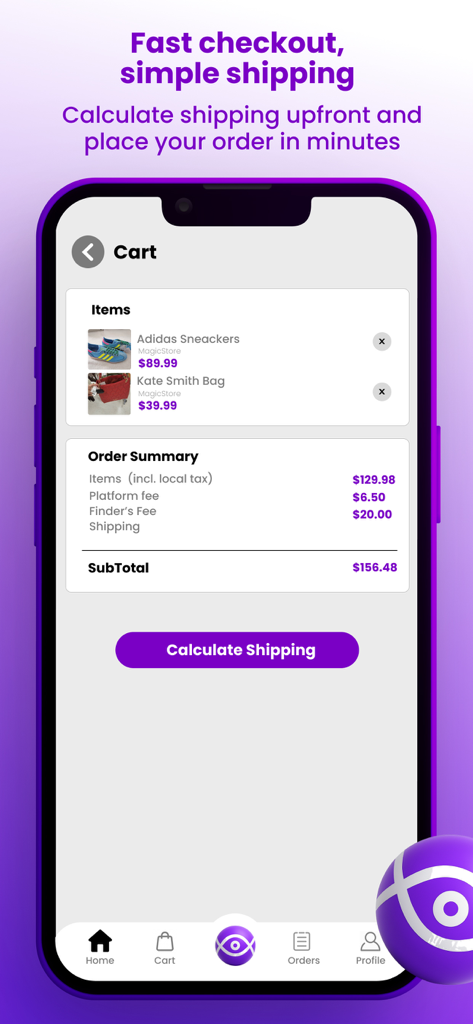 ShopWithMe App - Shopping cart screen in the ShopWithMe app showing items and an order summary with fees