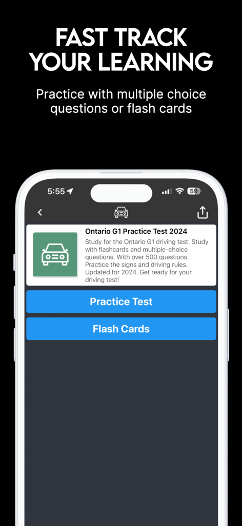 Examzify - Examzify app interface for Ontario G1 driving exam prep with practice test and flashcard options