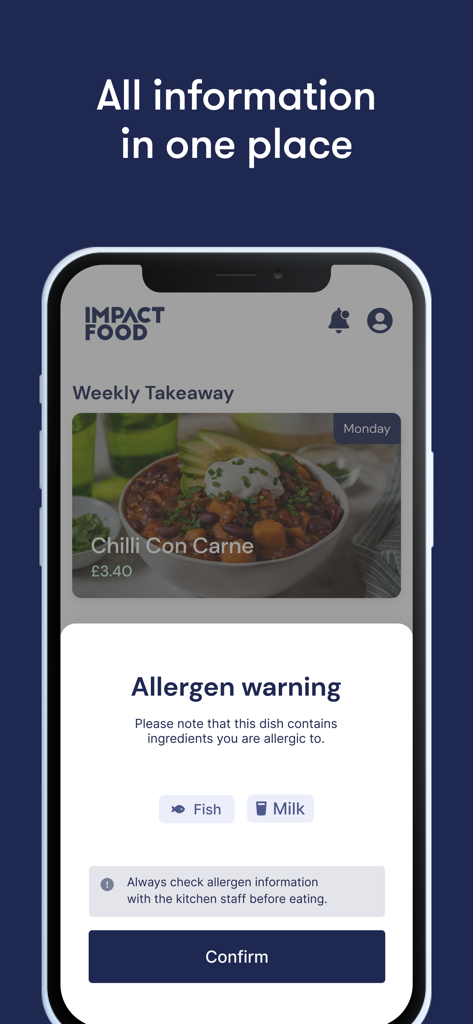 Impact Food Group app interface showing a Chilli Con Carne dish with an allergen warning for fish and milk.