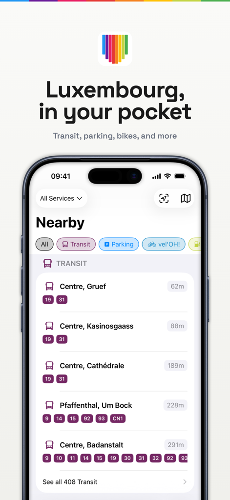 Luxempoche - Interface de l'application Luxempoche affichant les options de transport et de stationnement à proximité au Luxembourg