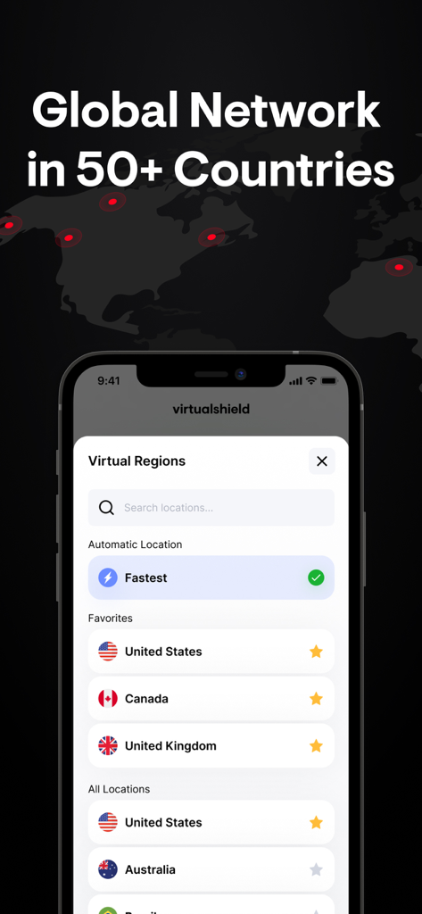 VirtualShield app screenshot showing global VPN server locations and the virtual regions menu on an iPhone.