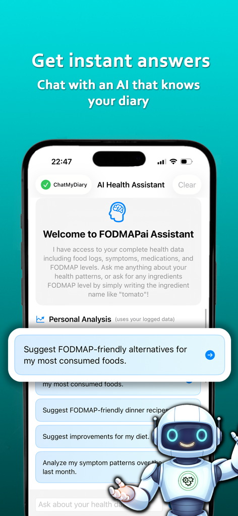 The FODMAPai AI Health Assistant chat interface showing personalized food suggestions and digestive health insights based on the user diary.