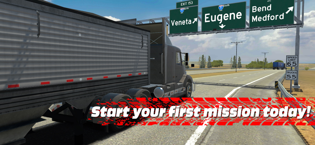 Ein grauer Sattelzug fährt auf einer US-Autobahn an Schildern für Eugene und Bend vorbei, mit der Aufforderung, deine erste Mission zu starten.