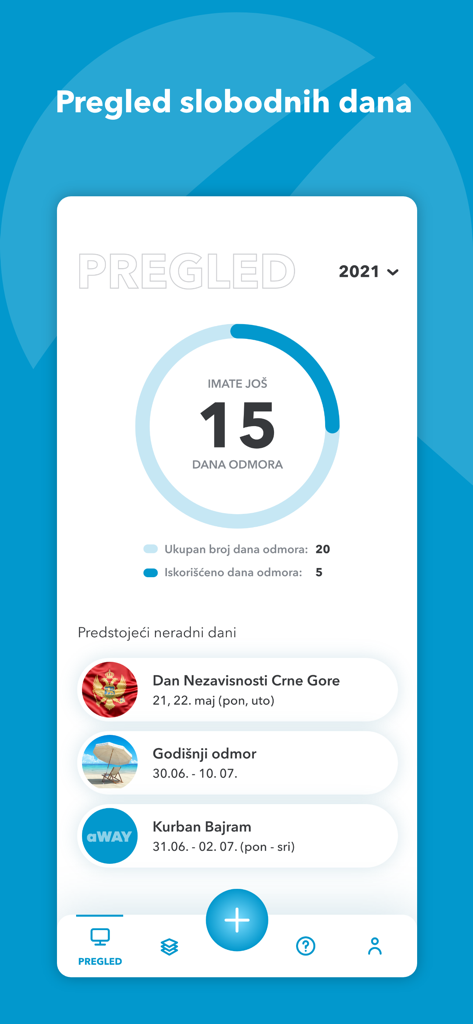 Ecrã da aplicação móvel a mostrar uma barra de progresso circular dos dias de férias restantes e feriados próximos