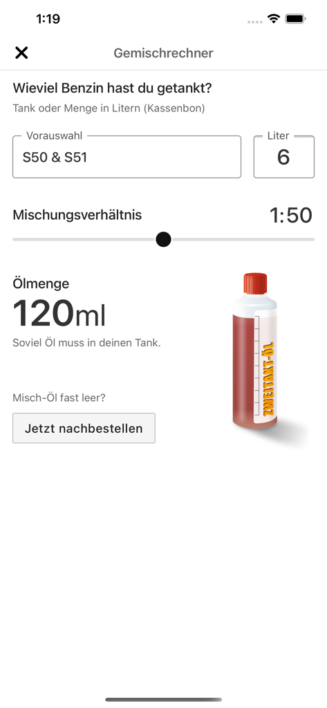 Ostoase Shop - Interface of the fuel mixture calculator in the Ostoase Shop app for Simson mopeds