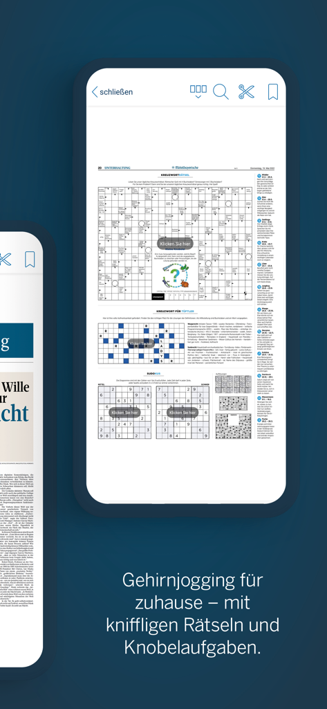 Interaktive Kreuzworträtsel und Sudoku-Rätsel auf einem Smartphone-Bildschirm innerhalb der Mittelbayerische ePaper App.