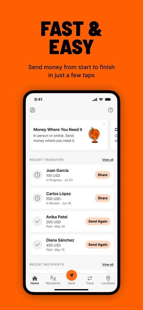 Ria Money Transfer - Pantalla de inicio de la aplicación Ria Money Transfer que muestra el historial de transacciones recientes y la función de enviar de nuevo