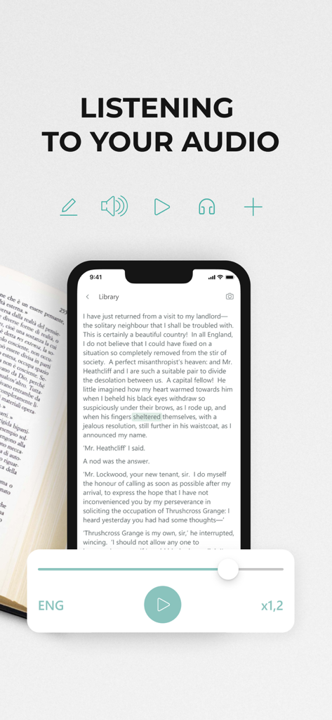 Text To Speech – Audio Reader - Interfaz de aplicación móvil mostrando la reproducción de audio de un libro escaneado con velocidad de lectura ajustable